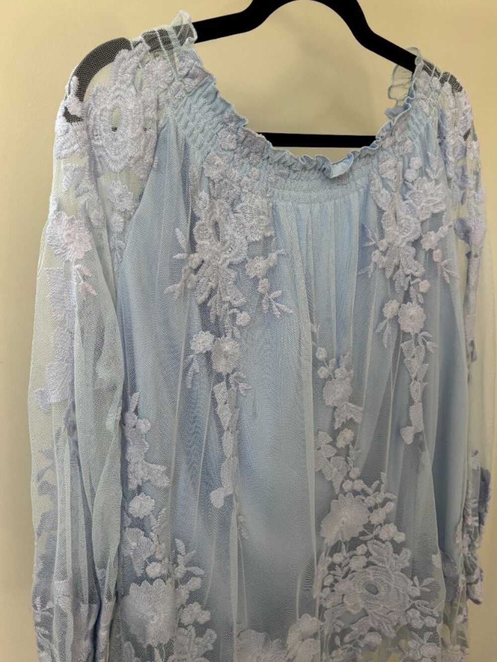 Marled Chambray Blue Off-Shoulder Lace Blouse Large NWT - Picture 2 of 7